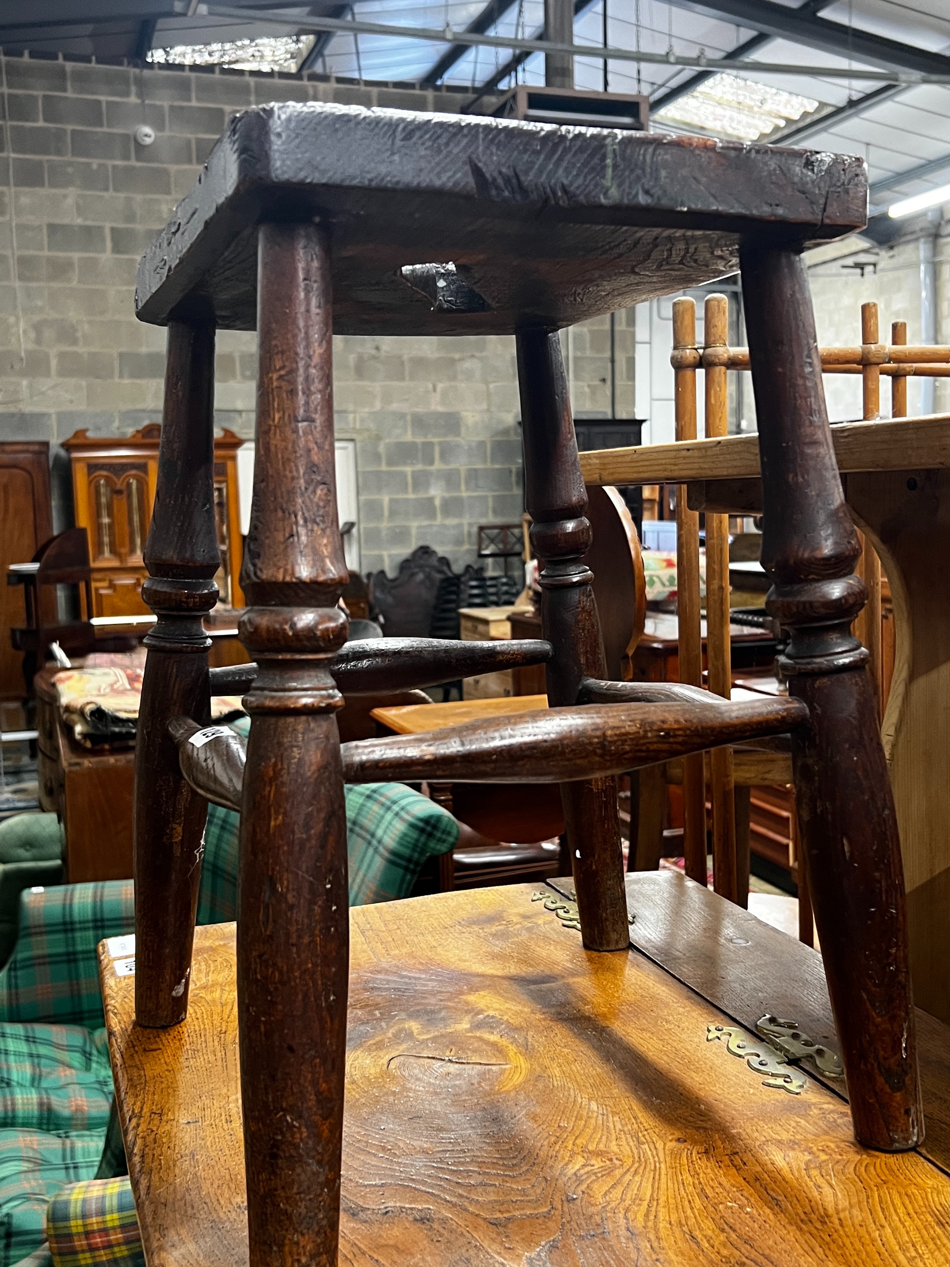 A 19th century Thames Valley provincial elm and ash stool, width 38cm, depth 30cm, height 49cm